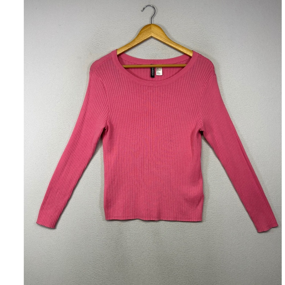 Barbiecore H&M Divided Womens Large Pink Ribbed Knit Long Sleeve Crew Neck Top